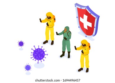 Covid-19 Coronavirus. Doctors in chemical protective clothing coverall and gas masks stop coronavirus with medical shield. quarantine from pandemic covid-19 outbreak. isolated isometric vector