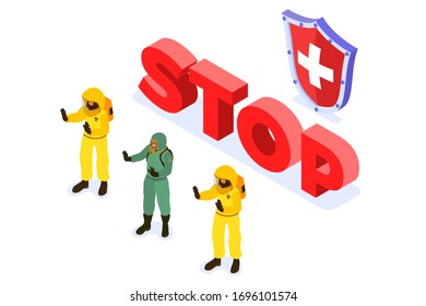 Covid-19 Coronavirus. Doctors in chemical protective clothing coverall and gas masks stop coronavirus stop sign and medical shield quarantine from pandemic covid-19 outbreak. isolated isometric vector