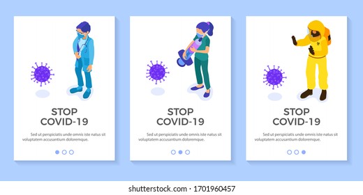 Covid-19 Coronavirus. Doctors in chemical protective clothing coverall and gas masks stop coronavirus. quarantine from pandemic covid-19 outbreak. isolated isometric vector banner
