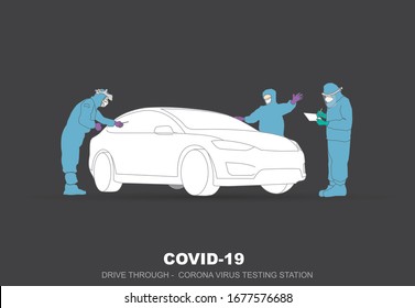 covid-19. coronavirus drive through. 
Drive thru coronavirus testing illustration.