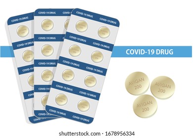 Covid-19 or Coronavirus Drug a tablet of Avigan or favilavir Medicine to stop corona disease Vector illustration