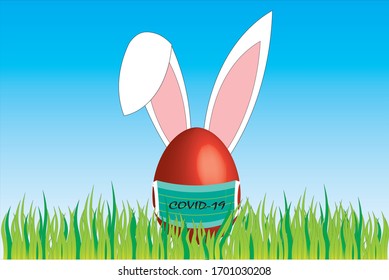 covid-19 coronavirus Easter Red 3D Meadow Egg on Fresh Green Grass. bunny, rabbit. Blue sky background. Easter concept, Easter eggs. Religion