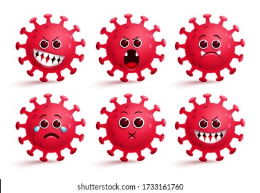 Covid-19 coronavirus emoji vector set. Covid-19 coronavirus emoji and emoticon with surprise, angry and scary expressions for nCoV-19 virus collection isolated on white. Vector illustration.