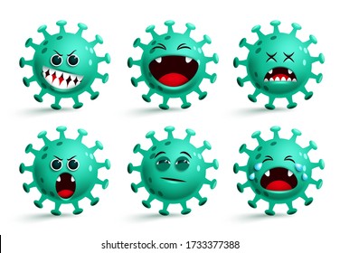 Covid-19 Coronavirus Emoji Vektorsatz. Coronavirus covid19 Emoticon und Emojis mit glücklichen und überraschenden Gesichtsausdrücke isoliert in weißem Hintergrund. Vector-Abbildung.