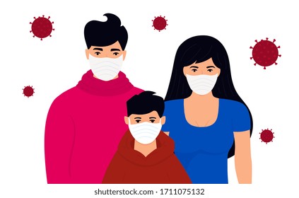 COVID-19. Coronavirus epidemic. Concept of quarantine, prevent infection. Family. Man, woman and boy are in protective medical face masks are on self-isolation. Stay home.