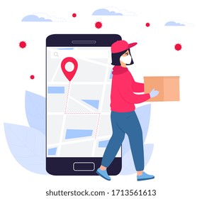 COVID-19. Coronavirus epidemic. Courier girl in a protective medical mask carrie a parcels in his hands. Online ordering of goods and food. Safe delivery. Stay home.
