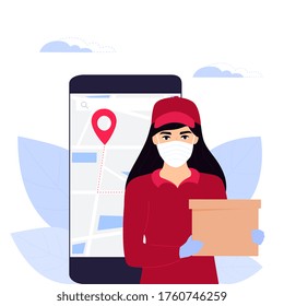 COVID-19. Coronavirus epidemic. Courier girl in a protective medical mask holds a parcel. Online ordering of goods and food. Safe delivery. Web page design templates. Stay home.