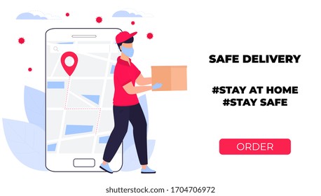 COVID-19. Coronavirus epidemic. Courier in a protective medical mask carries a parcel in his hands. Online ordering of goods and food. Safe delivery. Web page design templates. Stay home