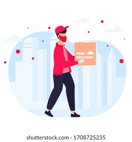 COVID-19. Coronavirus epidemic. Courier in a protective medical mask and gloves is delivering a parcel in his hands. Online ordering of goods and food. Safe delivery.