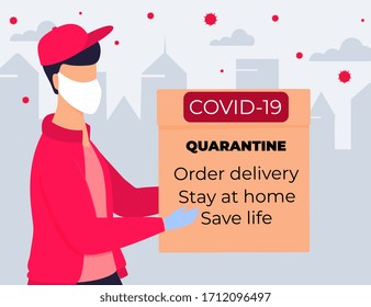 COVID-19. Coronavirus epidemic. Courier in a protective medical mask and gloves is holding a parcel in his hands. Online ordering of goods and food. Safe delivery.