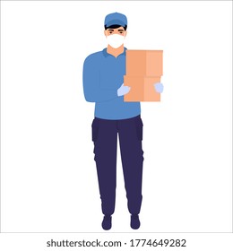 COVID-19. Coronavirus epidemic. A courier in a protective medical mask holds parcels in his hands. Free food delivery.