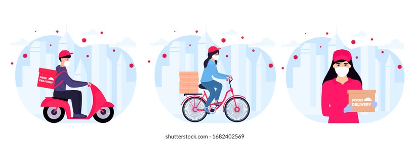 COVID-19. Coronavirus epidemic. Delivery service. Couriers in protective masks on a bicycle, motorcycle deliver goods and food to people in quarantine. Stay home concept.