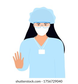 COVID-19. Coronavirus epidemic. doctor in protective medical mask. Stop virus concept. A woman shows a gesture of stop. Female lab worker. Nurse. Laboratory assistant