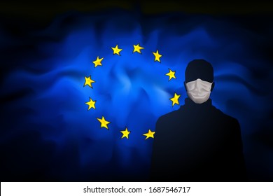 COVID-19 coronavirus epidemic in the european union. Man in medical mask on background abstract flag of european union. Global COVID-19 coronavirus pandemic, pneumonia. EU banner design. Vector