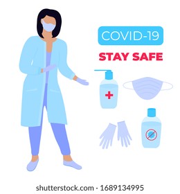 COVID-19. Coronavirus epidemic. Female doctor in a medical gown and protective surgical mask shows ways to protect against coronavirus. Hand sanitizer, surgical glove. Stay safe concept.