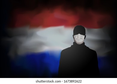 COVID-19 coronavirus epidemic in netherlands. Silhouette of man in medical mask on abstract flag netherlands background. Banner design concept. Global COVID-19 coronavirus pandemic, pneumonia. Vector