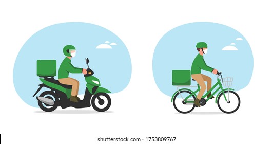 COVID-19. Coronavirus epidemic. Online delivery service concept. Courier deliver goods and food on motorcycle, scooter and bike while wearing protective mask. Stay home concept.