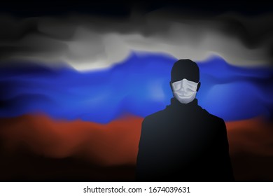 COVID-19 coronavirus epidemic in russia. Silhouette of man in medical mask on abstract russian flag background. Global COVID-19 coronavirus pandemic, pneumonia. Banner design concept. Vector