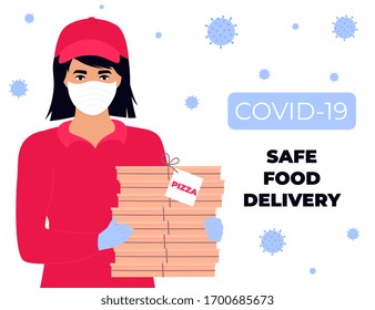 COVID-19. Coronavirus epidemic. Safe Delivery. Courier girl in protective medical mask and gloves holds pizza
