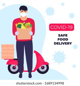 COVID-19. Coronavirus epidemic. Safe food delivery. The courier in a protective mask brought food