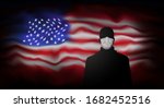 COVID-19 coronavirus epidemic in usa. Silhouette of man in medical mask on abstract usa flag background. Global COVID-19 coronavirus pandemic, pneumonia. American background for banner design. Vector