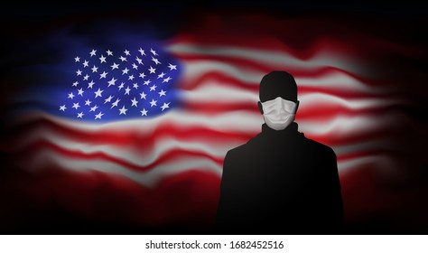 COVID-19 Coronavirus Epidemic In Usa. Silhouette Of Man In Medical Mask On Abstract Usa Flag Background. Global COVID-19 Coronavirus Pandemic, Pneumonia. American Background For Banner Design. Vector