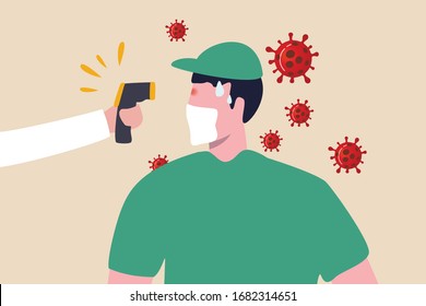COVID-19 Coronavirus flu patient with high temperature fever concept, doctor holding infrared thermometer to measure body temperature at forehead result in high temperature fever with virus pathogens