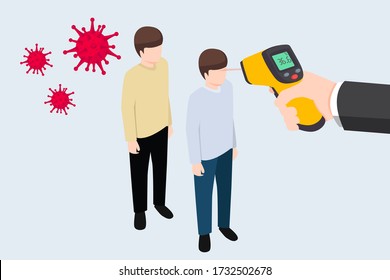 COVID-19 Coronavirus flu patient with high temperature fever concept, doctor holding infrared thermometer to measure body temperature at forehead result in high temperature fever with virus pathogens