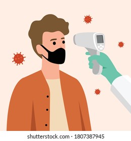 COVID-19 Coronavirus flu patient with high temperature fever concept, doctor holding infrared thermometer to measure body temperature at forehead result in high temperature fever with virus pathogens