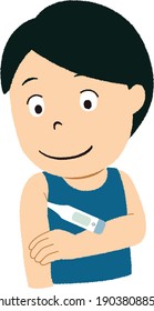 COVID-19 Coronavirus flu patient with high temperature fever concept, . Boy holding thermometer to measure body temperature. High temperature or fever with virus pathogens concept.