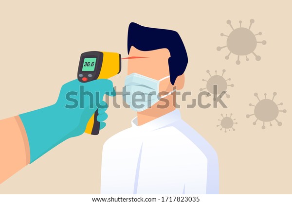COVID-19 Coronavirus flu patient with high\
temperature fever concept, doctor holding infrared thermometer to\
measure body temperature at forehead result in high temperature\
fever with virus\
pathogens\
