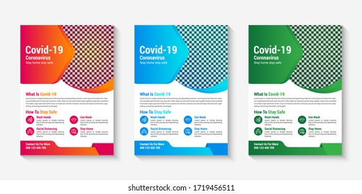 Covid-19 Coronavirus flyer design template set with modern abstract layout