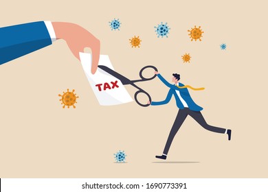 COVID-19 Coronavirus Government Help Package To Cut Tax Help People And Business To Survive The Economics Recession Or Financial Crisis, Businessman Government Leader Using Scissors To Cut Tax Bill.