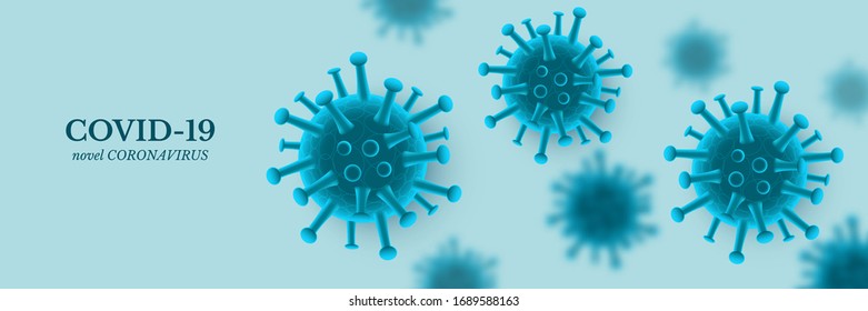 COVID-19 Coronavirus header design concept. Viruses on blue panoramic banner. Vector illustration