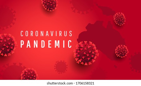 Covid-19 coronavirus horizontal banner with 3d virus infected cells and globe Australia map on a red background