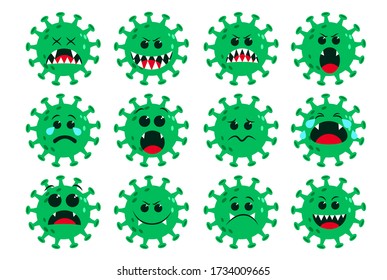 Covid19 coronavirus icon green vector set. Corona virus covid-19 cartoon emoji and emoticon with sad, scary and cry facial expressions isolated in white background. Vector illustration.