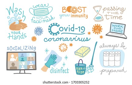 Covid-19 coronavirus illustrations collection sanitize washing hands face mask