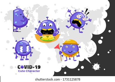 Covid-19 Coronavirus Inspiration Design. Cute Vector Character Of Coronavirus In The World. Cry, Shocked And Eating