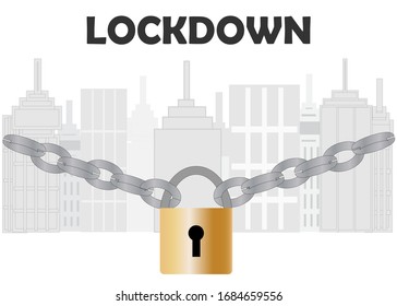 COVID-19 coronavirus lockdown. Skyscraper buildings lock with key and chain to prevent COVID-19 spreading. Idea for COVID-19 stay home quarantine, country lockdown and social distancing.