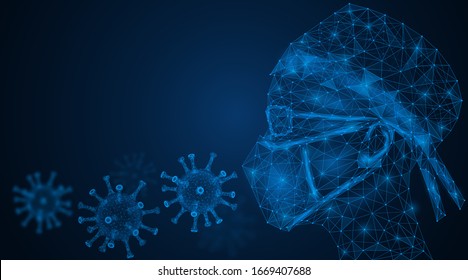 Covid-19 Coronavirus. A man in a medical mask, glasses and headdress among the viruses in the air. Futuristic polygonal design.