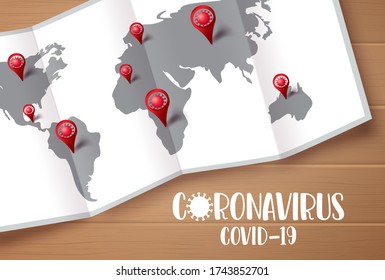 Covid-19 coronavirus map vector design. Coronavirus covid-19 text with world map and ncov pin for navigation and location of confirmed cases on wood texture background. Vector illustration.
