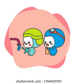 Covid-19, CoronaVirus mascot : Wash your hands. Keep your body hygienic start from your hands first. Against the virus outbreak.
