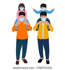 COVID-19. Coronavirus. Men with children, son and daughter in a protective masks.