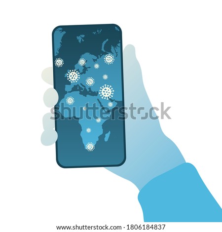 Covid-19, Coronavirus mobile map tracker app. Hand holding smartphone map application tracking corona virus pinpoint on screen. Vector illustration. EPS10.