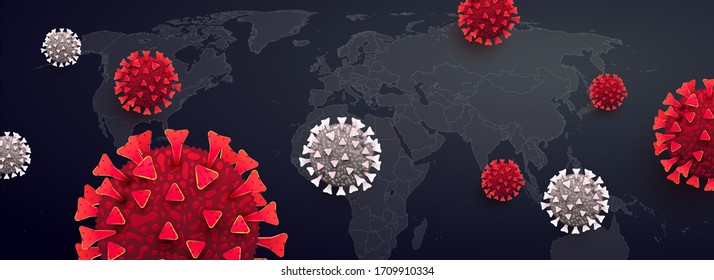 Covid-19. Coronavirus outbreak concept with 3d realistic viral cells on horizontal template map background. The virus adversely affects the global economy. Covid 19 background