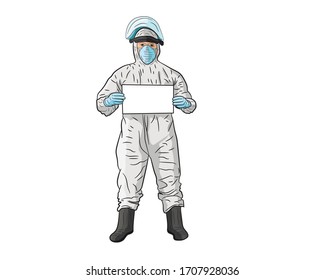 COVID-19 coronavirus outbreak concept illustration. Men in a protective suit and mask with a sign in their hands. Vector illustration.