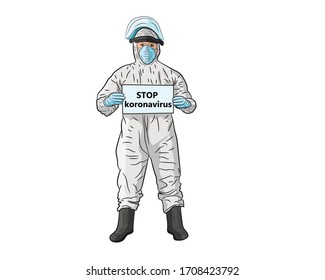 COVID-19 coronavirus outbreak concept illustration. Black is a man in a protective suit and mask with a sign in his hands that says "stop coronavirus." Vector illustration.