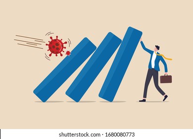 COVID-19 Coronavirus outbreak financial crisis help policy, company and business to survive concept, businessman leader help pushing bar graph falling in economic collapse from COVID-19 virus pathogen - Shutterstock ID 1680080773