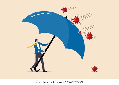 COVID-19 Coronavirus outbreak financial crisis help policy, company and business to survive concept, businessman leader stand safe by cover himself with big umbrella from COVID-19 Coronavirus pathogen
