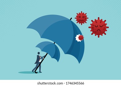 COVID-19 or Coronavirus outbreak financial crisis help policy, company and business to survive concept, businessman leader stand safe by cover himself with big umbrella. vector cartoon design.